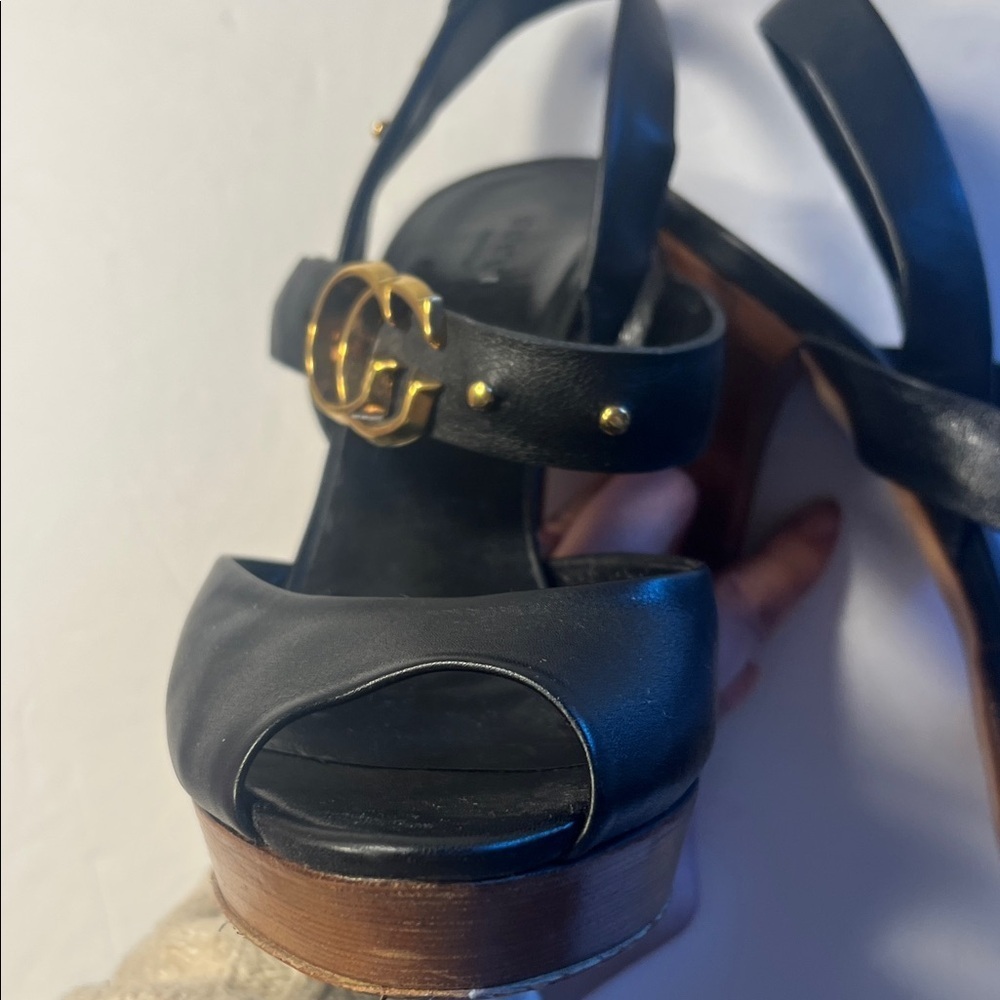 GUCCI GG Running Black Leather Platform Heels wood platform stacked heel sz 39.5 - Picture 12 of 16